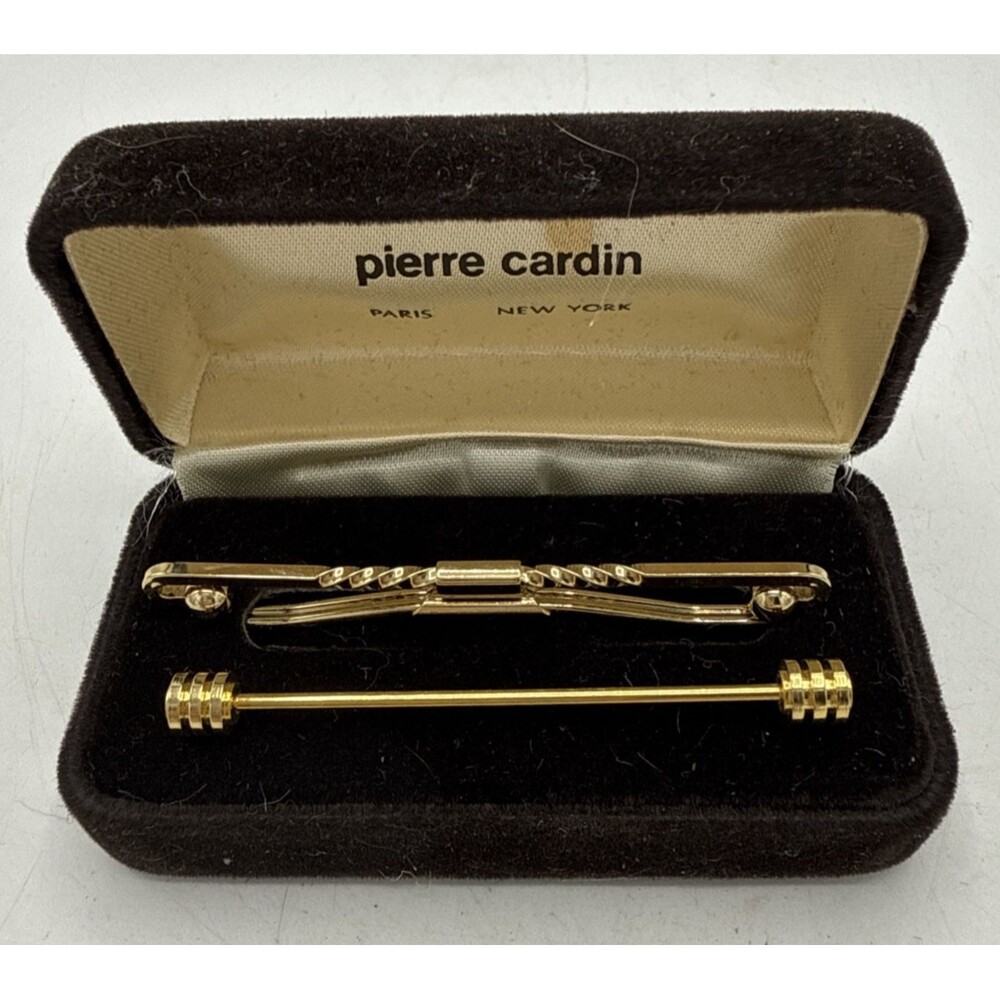 VIntage Pierre Cardin Collar Tie Bar Clasp Clip Gold Tone Original Box